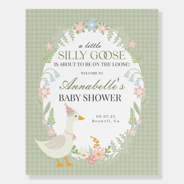 Green Silly Goose Gingham Baby Shower Welcome Sign (Front)