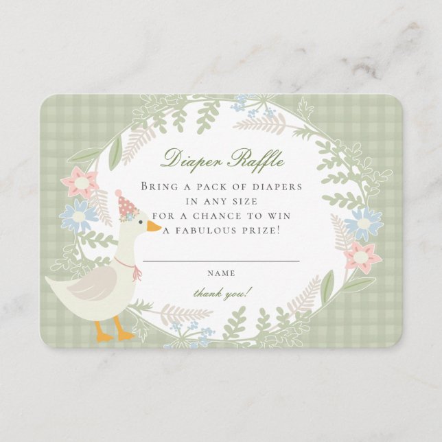 Green Silly Goose Gingham Floral Diaper Raffle Enclosure Card (Front)