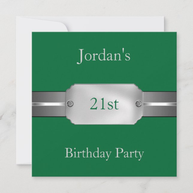 Green Silver 21st Elegant Male Birthday Party Invitation (Front)
