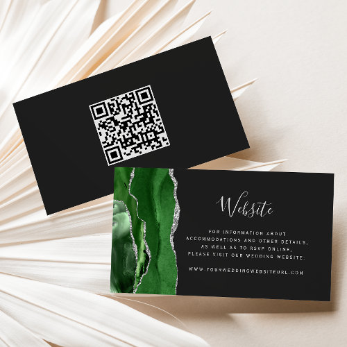 Green Silver Agate Dark Wedding Website QR Code Enclosure Card
