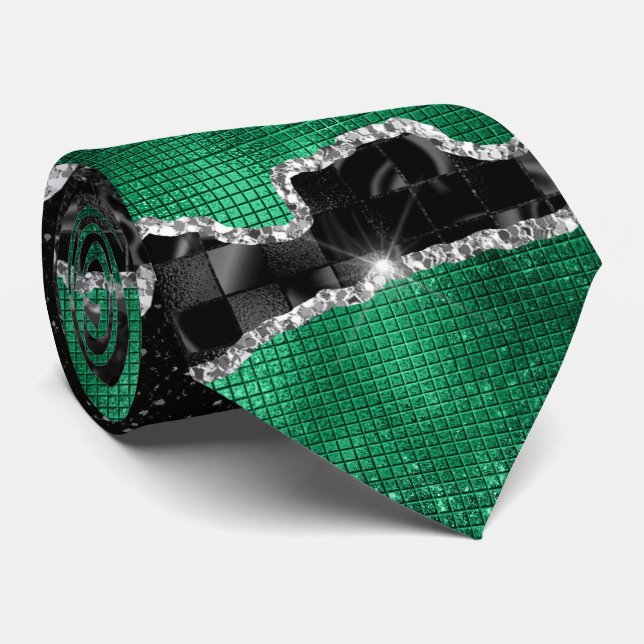 Green silver agate glitter marble look elegant neck tie (Rolled)