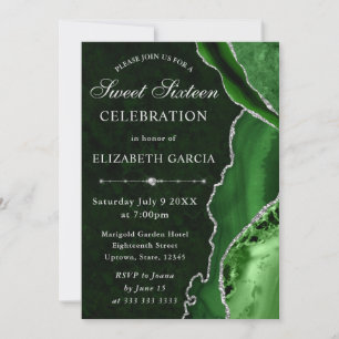 Green Silver Agate Marble Glam Sweet 16 Invitation
