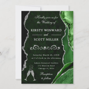 Green Silver Agate Marble Glam Wedding Invitation