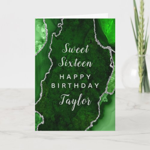 Green Silver Agate Sweet Sixteen Happy Birthday Card