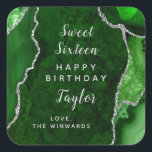 Green Silver Agate Sweet Sixteen Happy Birthday Square Sticker<br><div class="desc">This elegant and glamorous sticker can be personalized with a name or title such as daughter,  granddaughter,  niece,  friend etc. The design features a green agate marble background with faux silver glitter accents. The text combines handwritten script and modern sans serif fonts for a classy and sophisticated look.</div>