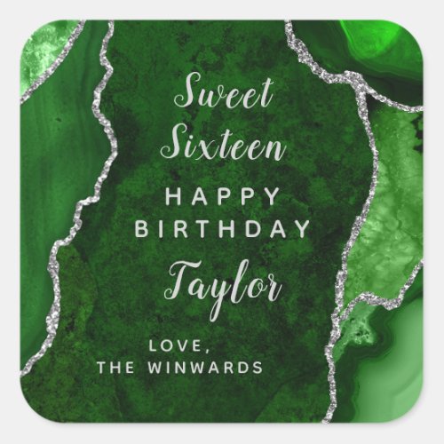 Green Silver Agate Sweet Sixteen Happy Birthday Square Sticker