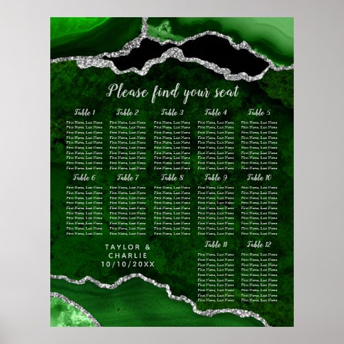 Green Silver Agate Wedding 12 Table Seating Chart