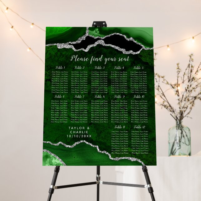 Green Silver Agate Wedding 12 Table Seating Chart Foam Board (In Situ (Stand))