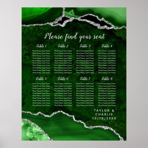 Green Silver Agate Wedding 8 Tables Seating Chart