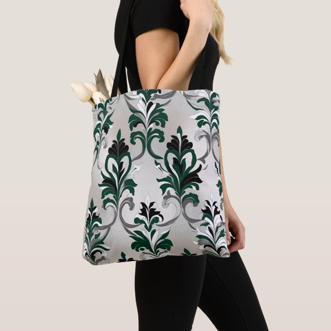 Green, Silver and Black Damask Pattern Tote Bag (Close Up)
