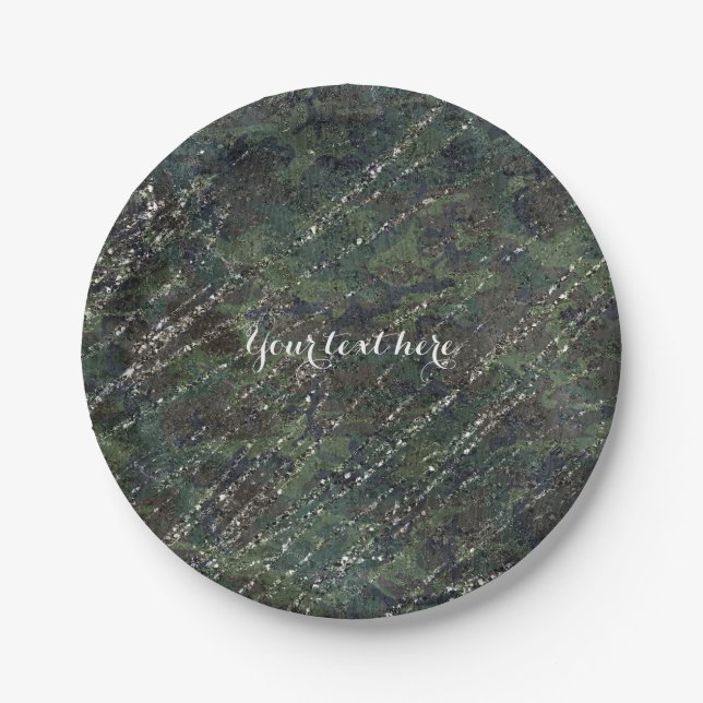 Green & Silver Army Camo Sparkle Glam Party Paper Plates (Front)