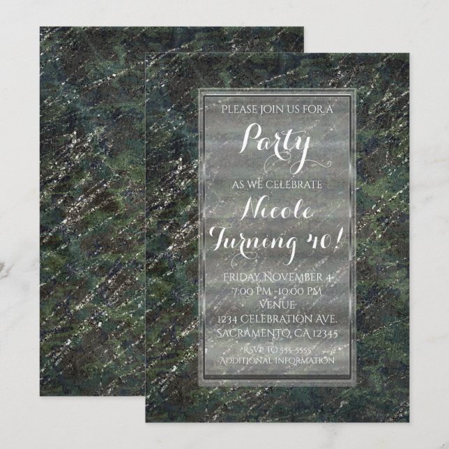 Green & Silver Army Camo Sparkle Party Invitations (Front/Back)