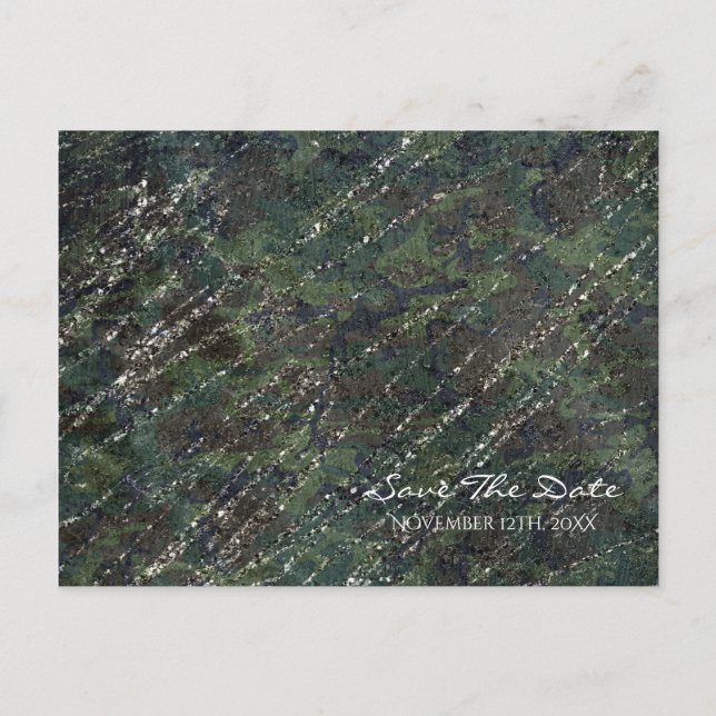 Green & Silver Army Camo Sparkle Save the Date Announcement Postcard (Front)