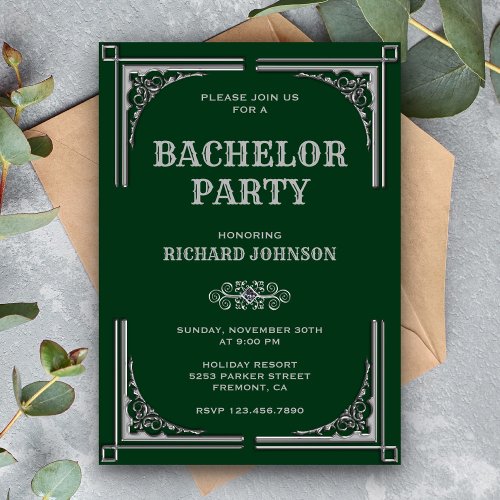 Green Silver Art Deco Bachelor Party Invitation