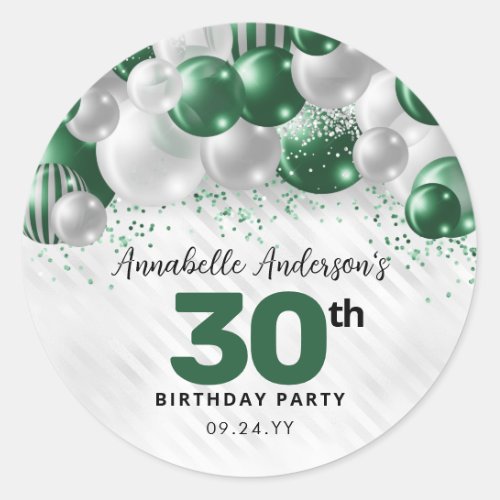 Green Silver Balloon Glitter Glam Favor Birthday Classic Round Sticker