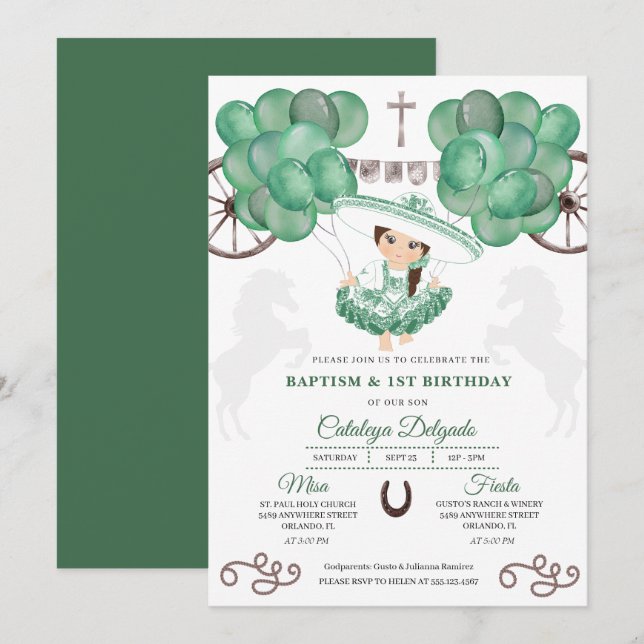 Green Silver Balloons Mexican Baby Charra Baptism Invitation (Front/Back)