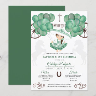 Green Silver Balloons Mexican Baby Charra Baptism Invitation