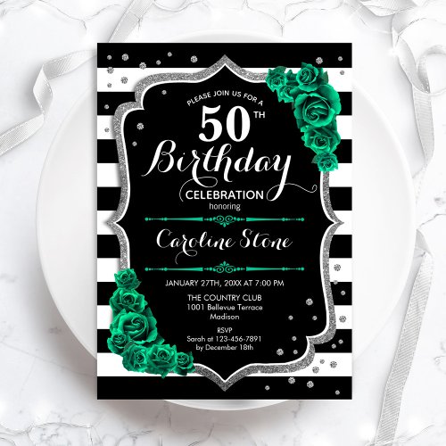 Green Silver Black 50th Birthday Invitation