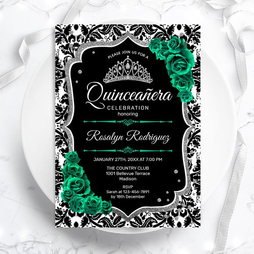 Green Silver Black Damask Elegant Quinceanera Invitation