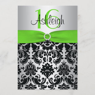 Green, Silver, Black Damask Sweet 16 Invitation