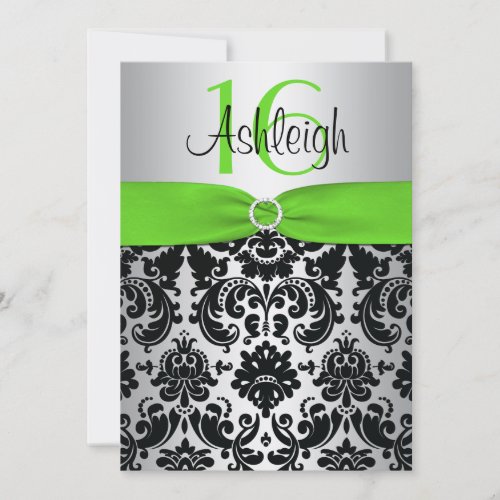 Green, Silver, Black Damask Sweet 16 Invitation