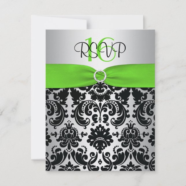 Green, Silver, Black Damask Sweet 16 RSVP Card (Front)