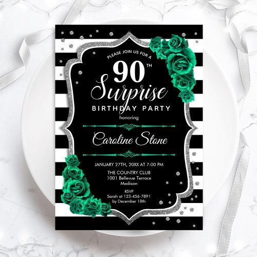 Green Silver Black Surprise 90th Birthday Invitation