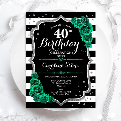 Green Silver Black  White Stripes 40th Birthday Invitation