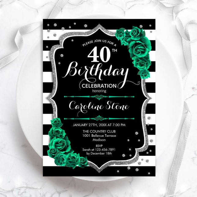 Green Silver Black & White Stripes 40th Birthday Invitation (Creator Uploaded)