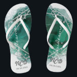 Green Silver Bridesmaid Favor Monogram Flip Flop<br><div class="desc">You will love this emerald green watercolor background with green and silver geometric frame with silver glitter textures. Great for your wedding venues!</div>