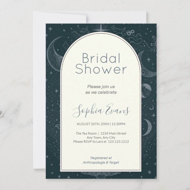 Green & Silver Celestial Moon Stars Bridal Shower Invitation (Front)