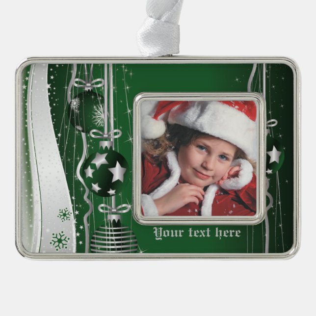 Green silver Christmas balls, stars and snowflakes Ornament (Front)