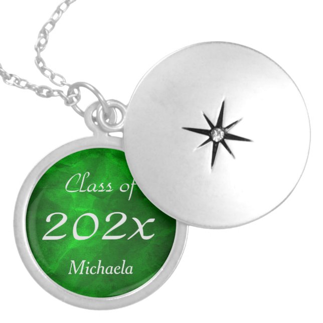 Green Silver Class of Graduation Personalized Locket Necklace (Front)