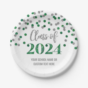 Green Silver Confetti Graduation 2024 Paper Plates