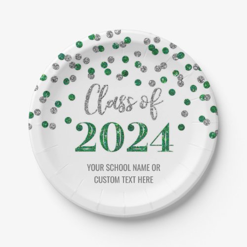 Green Silver Confetti Graduation 2024 Paper Plates