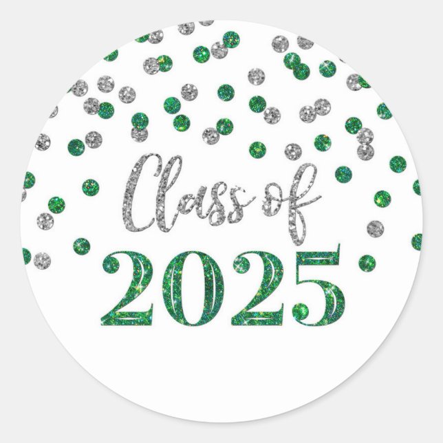 Green Silver Confetti Graduation 2025 Classic Round Sticker (Front)