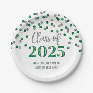 Green Silver Confetti Graduation 2025 Paper Plates