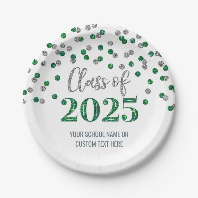 Green Silver Confetti Graduation 2025 Paper Plates (Front)