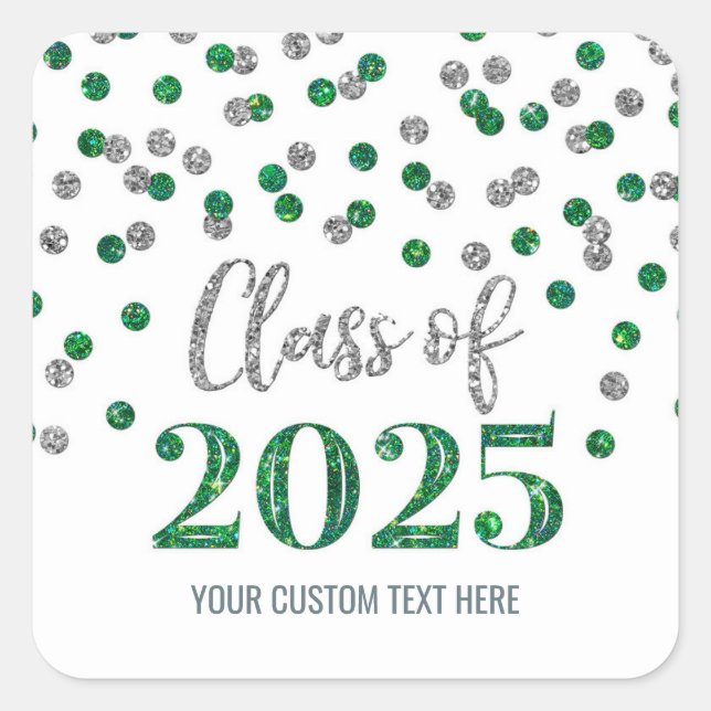 Green Silver Confetti Graduation 2025  Square Sticker (Front)