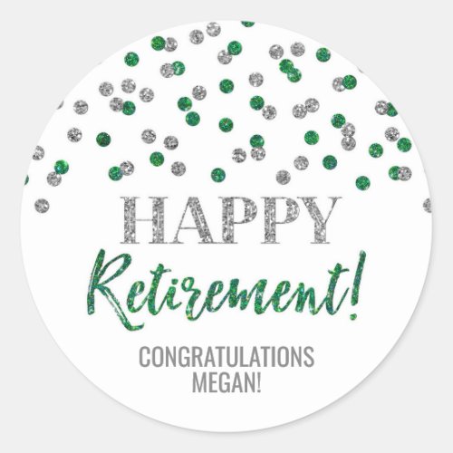 Green Silver Confetti Happy Retirement Classic Round Sticker