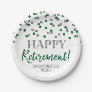 Green Silver Confetti Happy Retirement Paper Plates