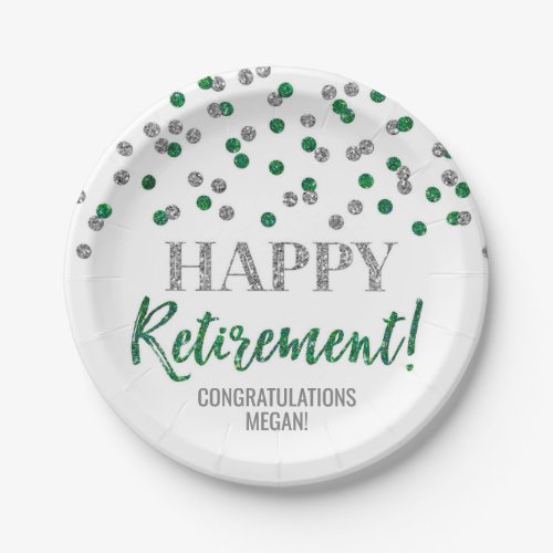 Green Silver Confetti Happy Retirement Paper Plates