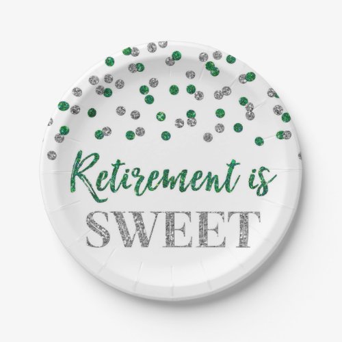 Green Silver Confetti Retirement is Sweet Paper Plates
