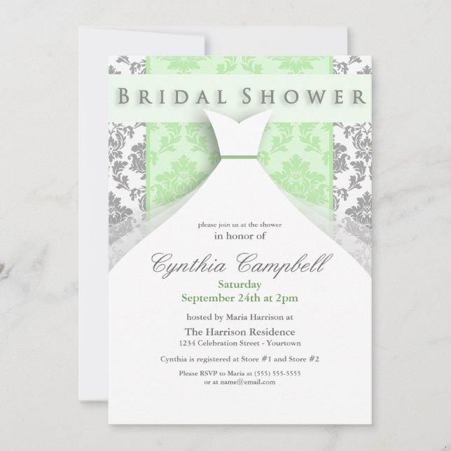 Green/Silver Damask Bridal Shower Invitations (Front)