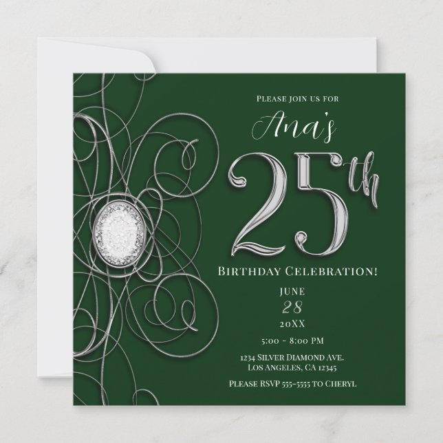 Green & Silver Diamond 25 25th Birthday Party Invitation (Front)