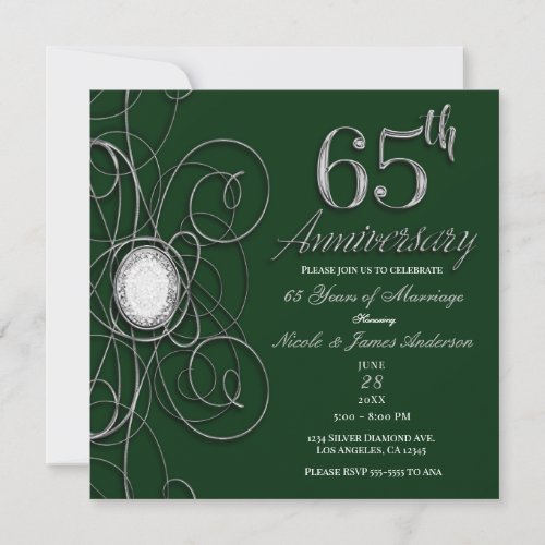 Green  Silver Diamond 65 65th Anniversary Party Invitation