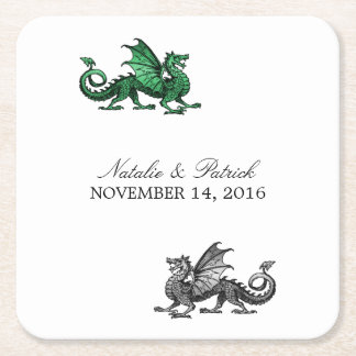 Green Silver Dragon Wedding Paper Coasters