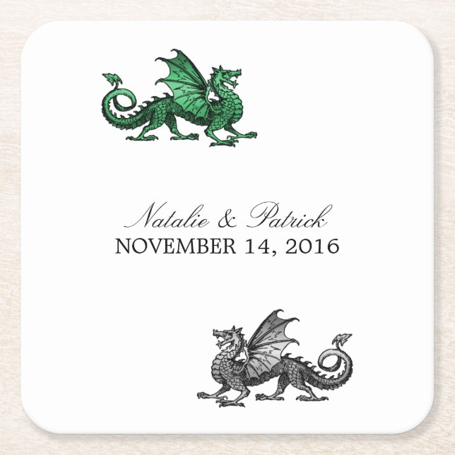 Green Silver Dragon Wedding Paper Coasters (Front)