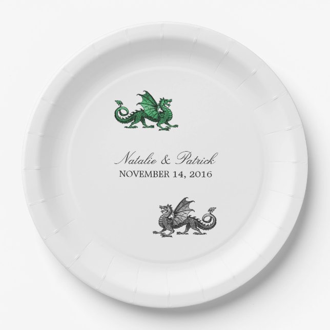 Green Silver Dragon Wedding Paper Plates (Front)