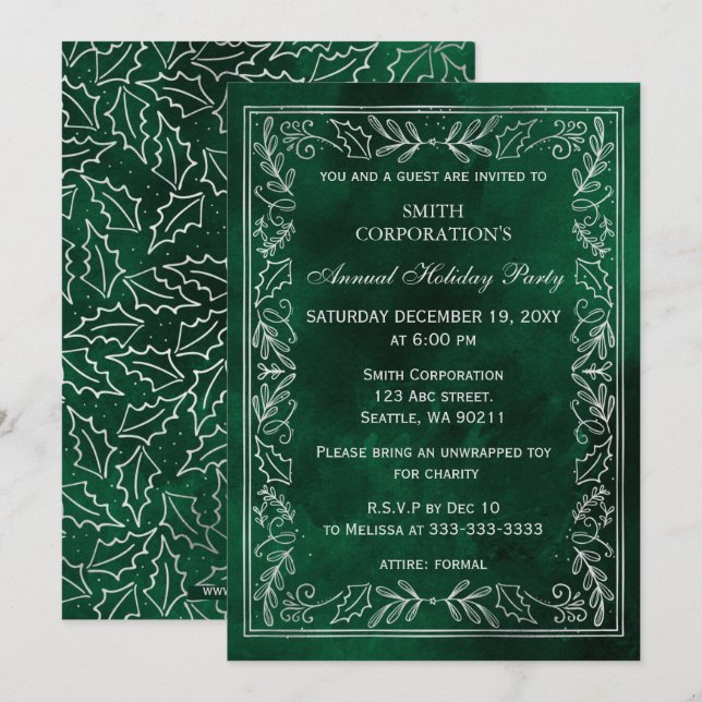 Green Silver Elegant Corporate Holiday Party Invitation (Front/Back)